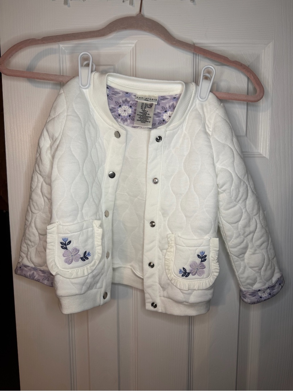 Girls' Vintage White Quilted Jacket with Purple Floral Trim